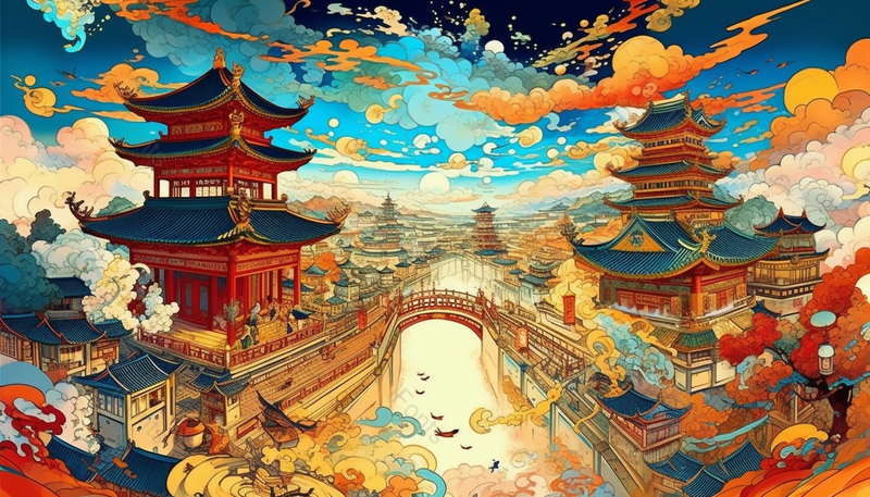 国潮风古建筑祥云手绘背景图插画,插画/手绘图,插画/手绘图库,插画/手绘图下载,插画/手绘